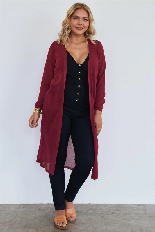 Junior Plus Burgundy Floor Length Cardigan - Tasha Apparel Wholesale