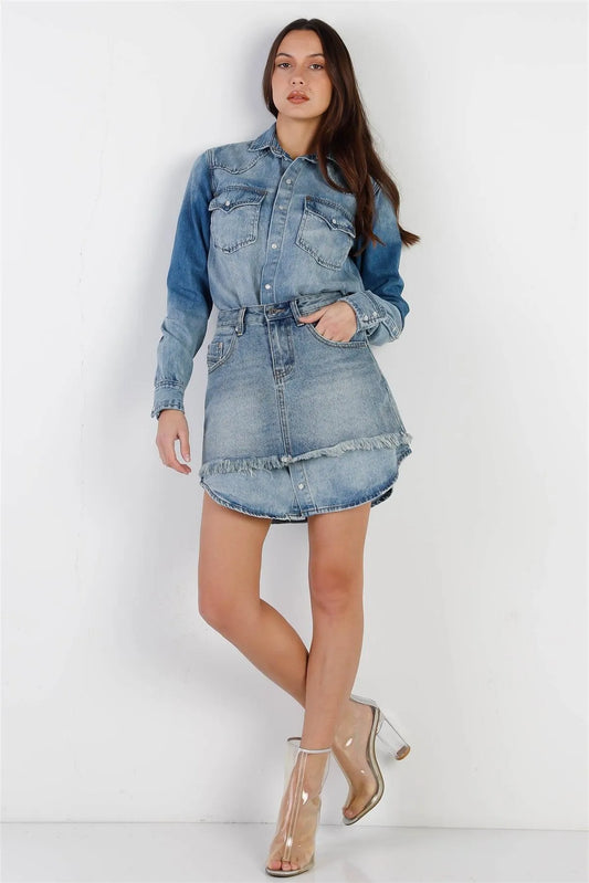 Light Denim Cotton Button Up Long Shirt & Mini Skirt Set /2-1-2 - Tasha Apparel Wholesale