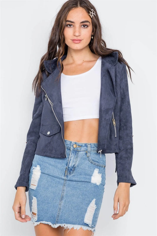 Navy Star Embroidery Faux Suede Moto Jacket - Tasha Apparel Wholesale