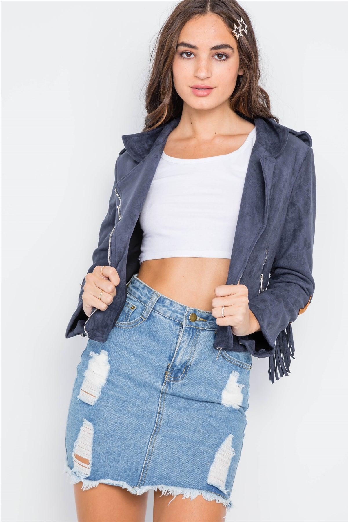 Navy Star Embroidery Faux Suede Moto Jacket