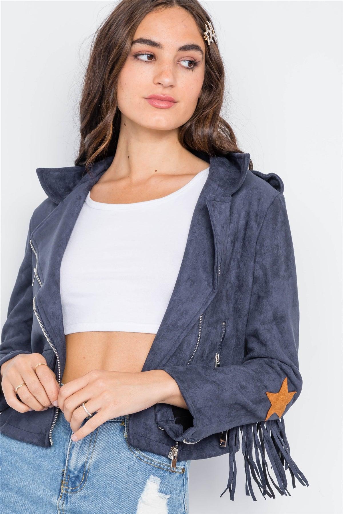 Navy Star Embroidery Faux Suede Moto Jacket