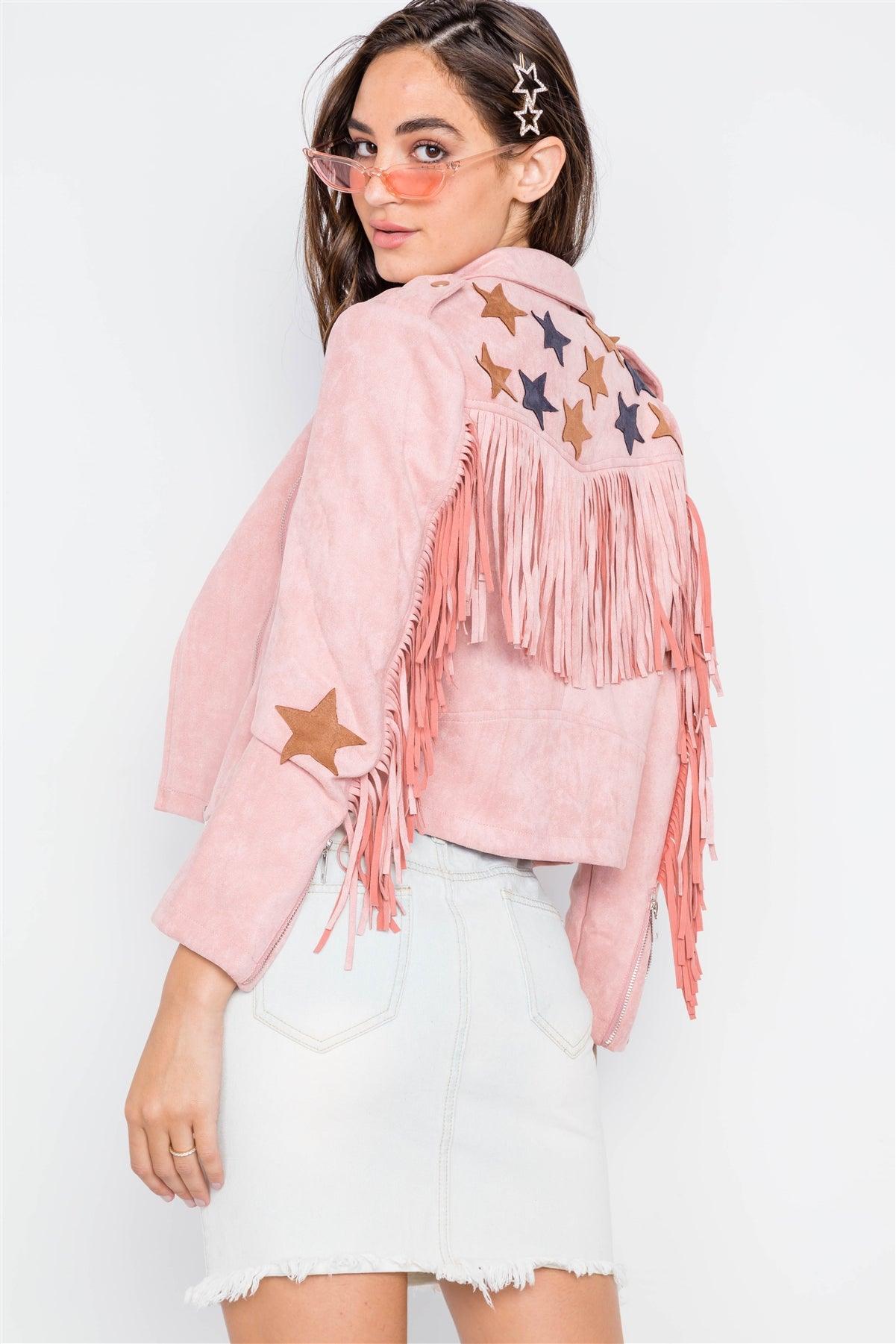 Pink Star Embroidery Faux Suede Moto Jacket