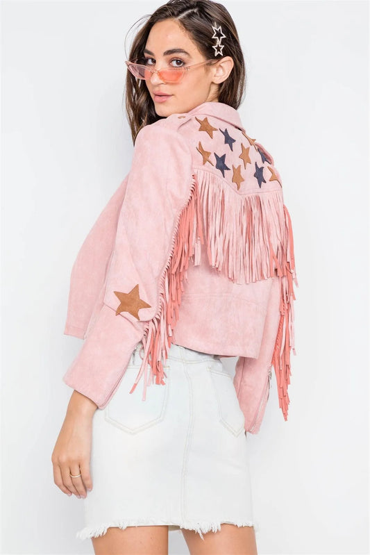 Pink Star Embroidery Faux Suede Moto Jacket - Tasha Apparel Wholesale