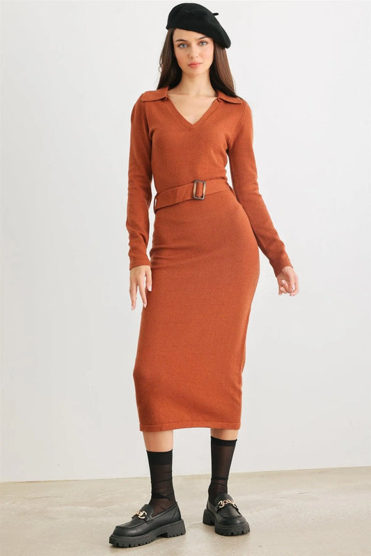 Caramel Knit Collared Neck Belted Midi Dress /2-2-2 - Tasha Apparel Wholesale
