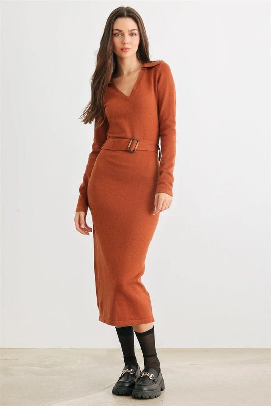 Caramel Knit Collared Neck Belted Midi Dress /3-3 - Tasha Apparel Wholesale