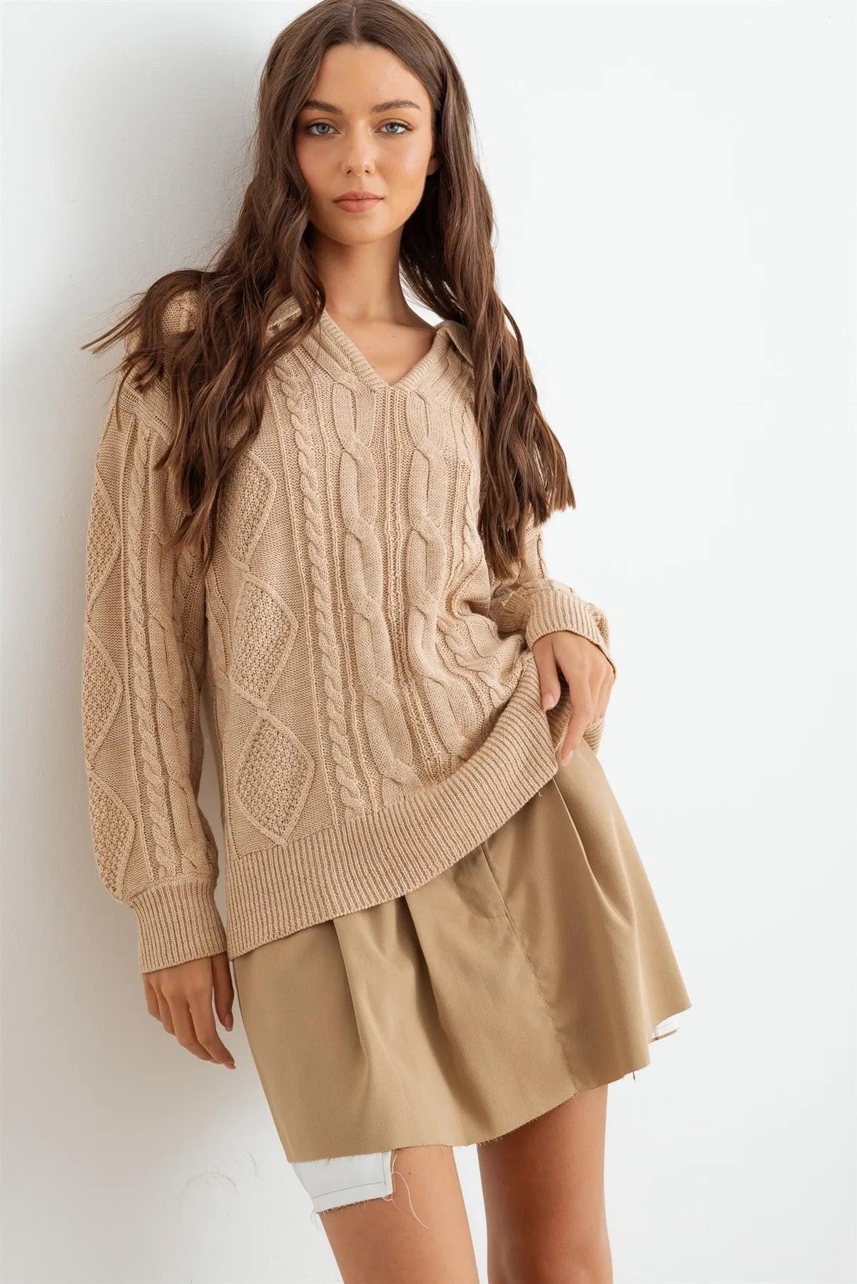 Oatmeal Cable Knit Collared Neck Long Sleeve Sweater /2-2-2 - Tasha Apparel Wholesale