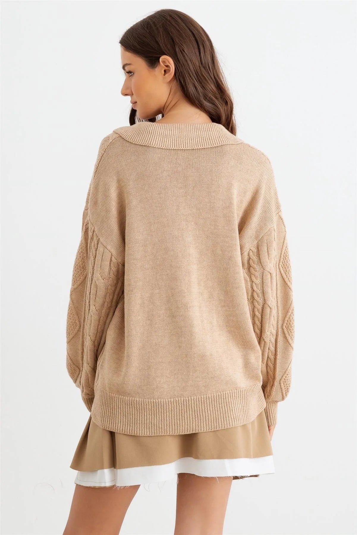 Oatmeal Cable Knit Collared Neck Long Sleeve Sweater /2-2-2 - Tasha Apparel Wholesale