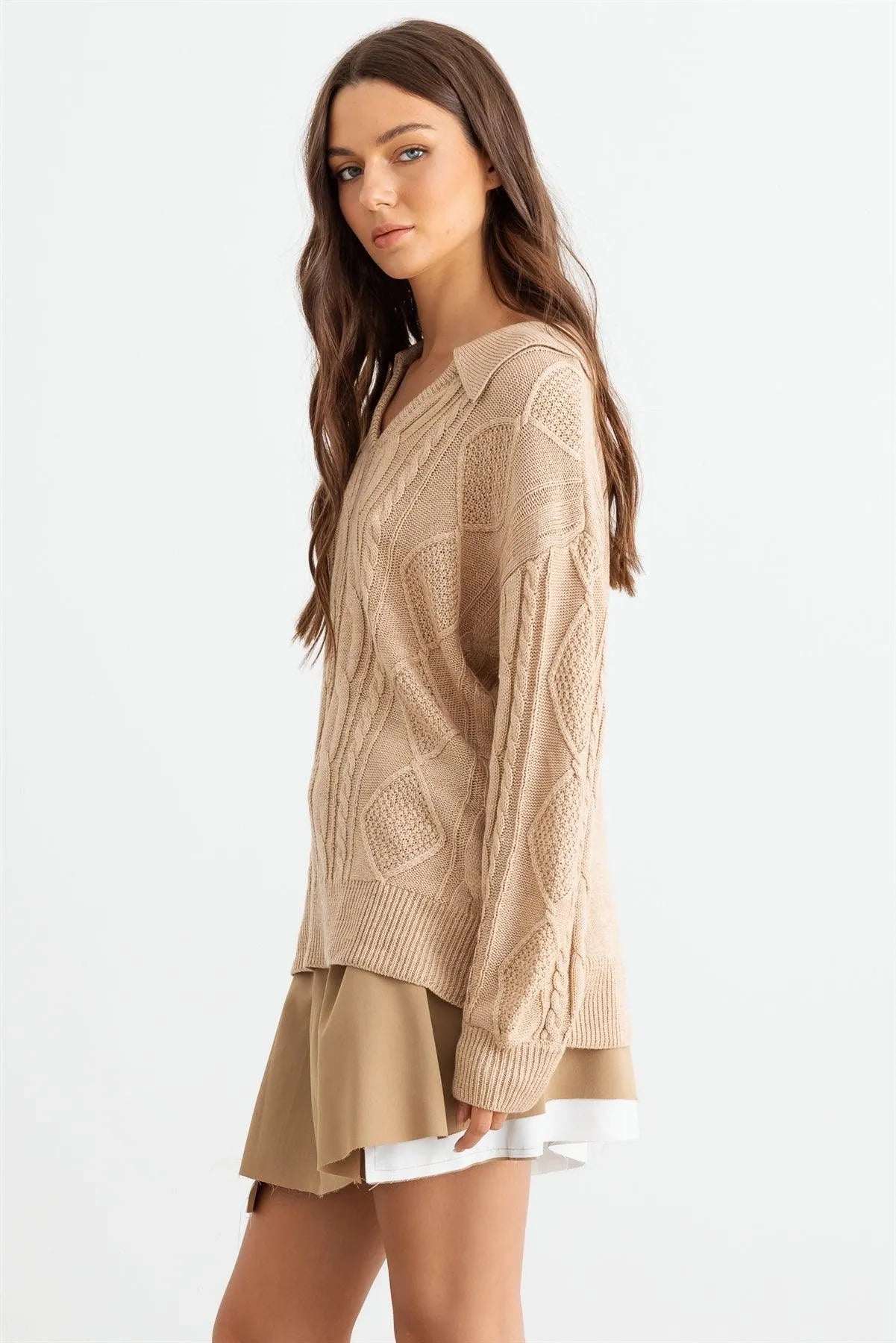 Oatmeal Cable Knit Collared Neck Long Sleeve Sweater /2-2-2 - Tasha Apparel Wholesale