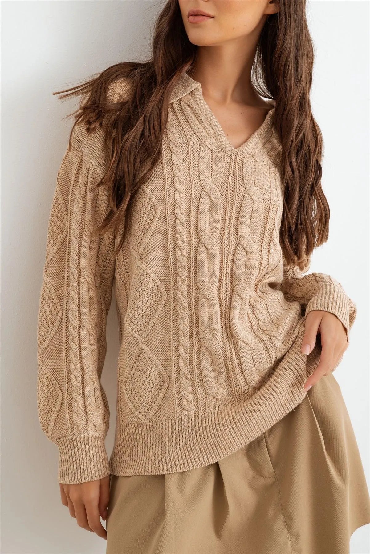Oatmeal Cable Knit Collared Neck Long Sleeve Sweater /2-2-2 - Tasha Apparel Wholesale