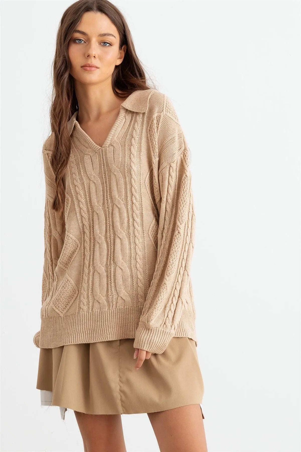 Oatmeal Cable Knit Collared Neck Long Sleeve Sweater /2-2-2 - Tasha Apparel Wholesale