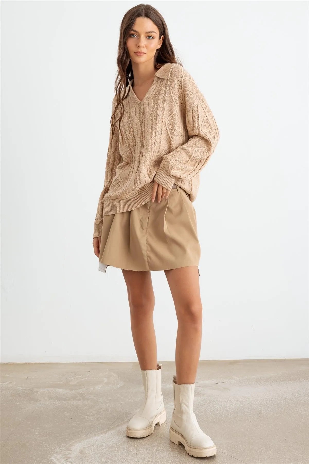 Oatmeal Cable Knit Collared Neck Long Sleeve Sweater /2-2-2 - Tasha Apparel Wholesale