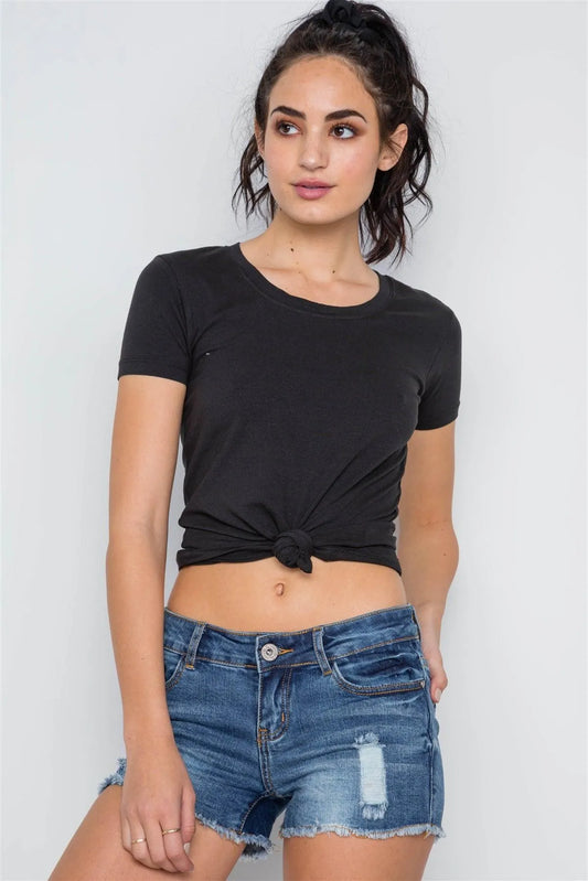 Medium Blue Denim Distressed Frayed Hem Mid-Rise Short - Tasha Apparel Wholesale