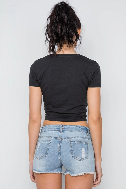 Light Blue Denim Distressed Frayed Hem Short - Tasha Apparel Wholesale