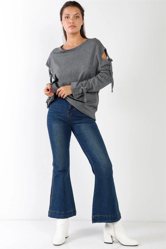 Blue Denim High Waisted Ankle Length Bell Bottom Flare Jeans - Tasha Apparel Wholesale