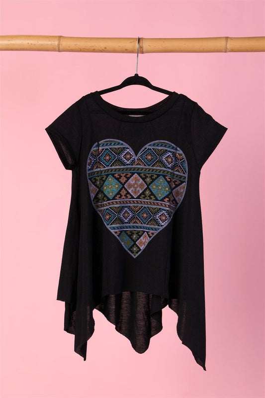 Girls Black "Heart" Asymmetrical Hem Top - Tasha Apparel Wholesale