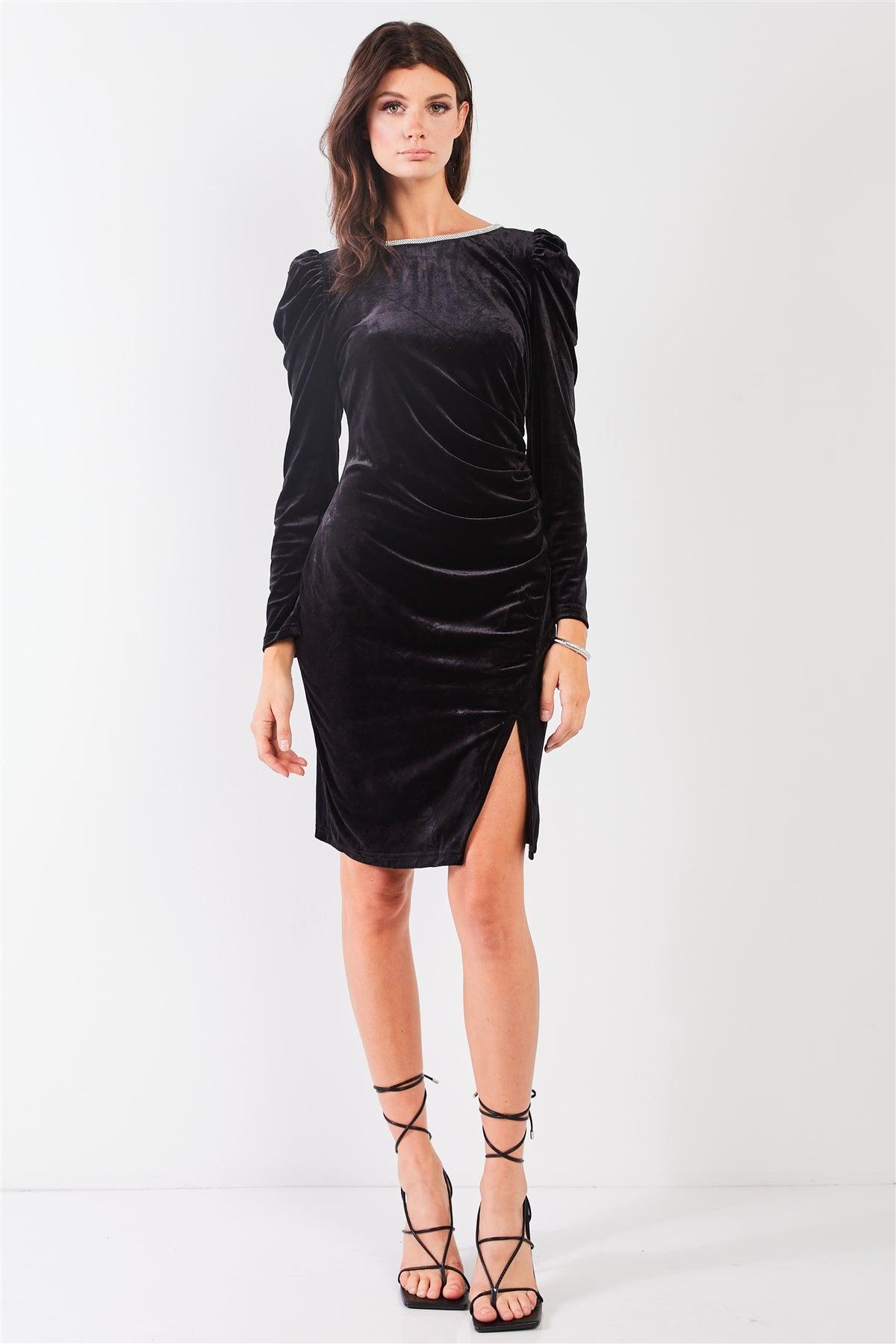 Black Velvet Rhinestone Neckline Trim Juliet Long Sleeve Knee Length Slit Dress /1-1-1