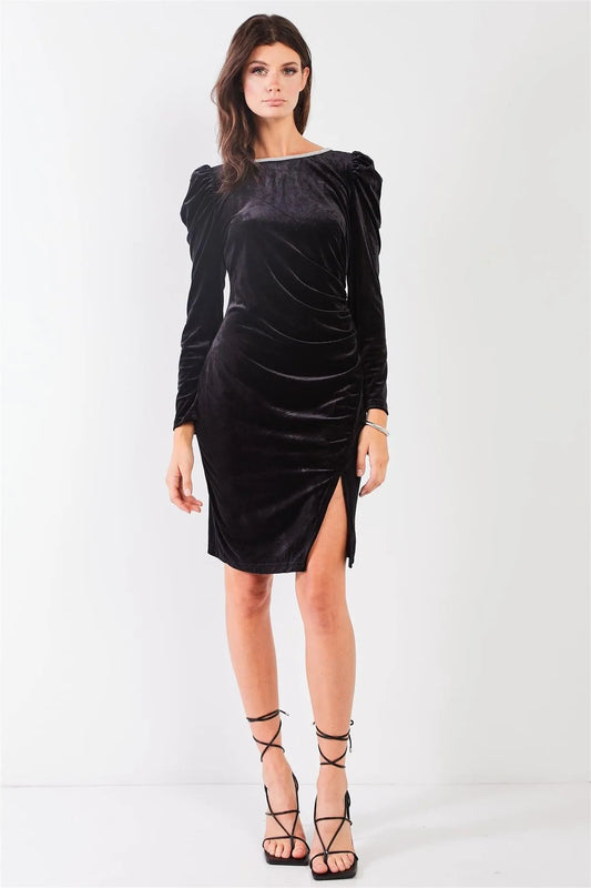 Black Velvet Rhinestone Neckline Trim Juliet Long Sleeve Knee Length Slit Dress /1-1-1 - Tasha Apparel Wholesale