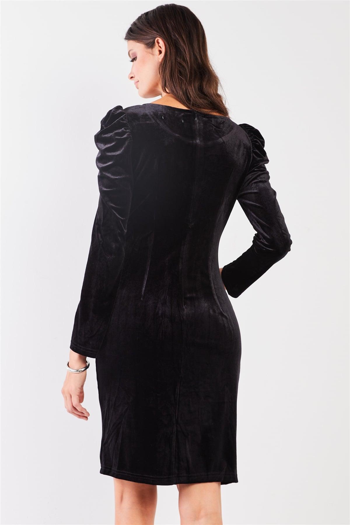 Black Velvet Rhinestone Neckline Trim Juliet Long Sleeve Knee Length Slit Dress /1-1-1