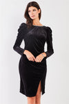 Black Velvet Rhinestone Neckline Trim Juliet Long Sleeve Knee Length Slit Dress /2-2-2 - Tasha Apparel Wholesale