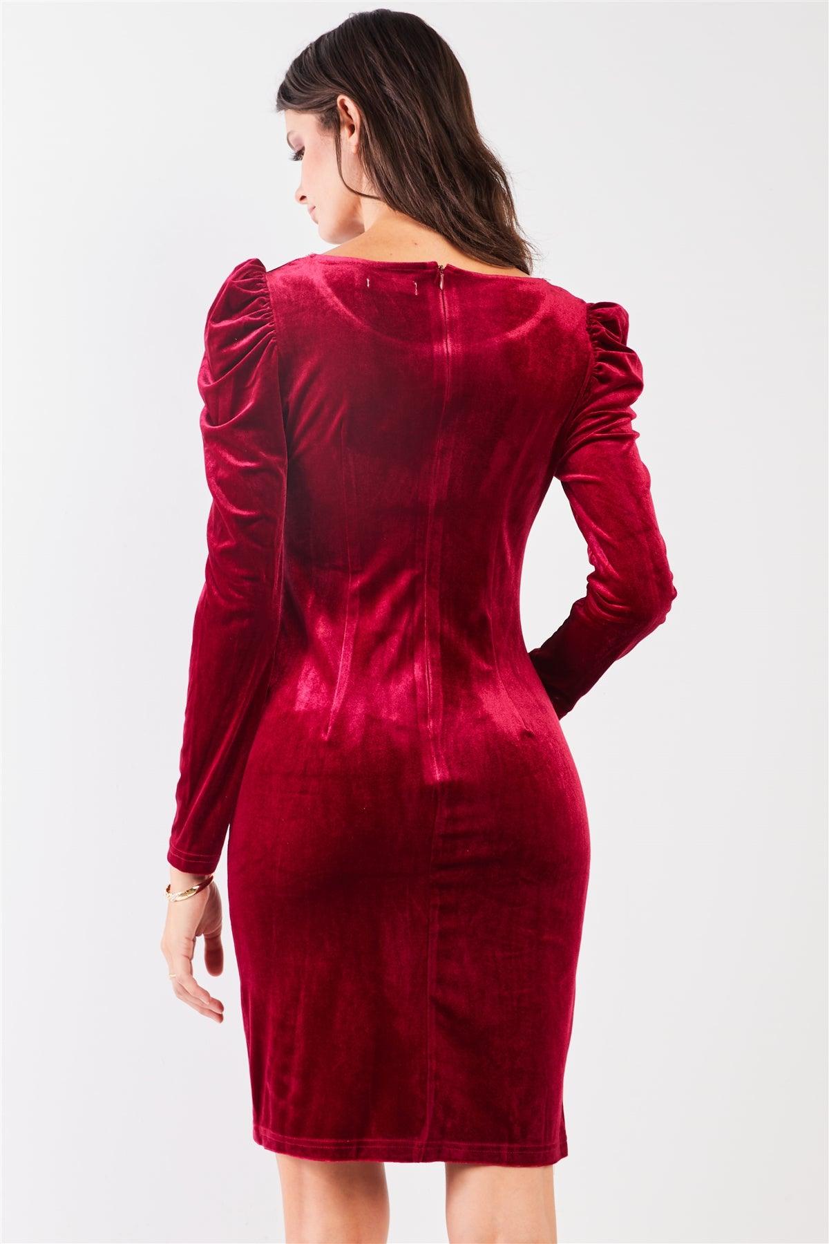 Burgundy Red Velvet Rhinestone Neckline Trim Juliet Long Sleeve Knee Length Slit Dress /2-2-2