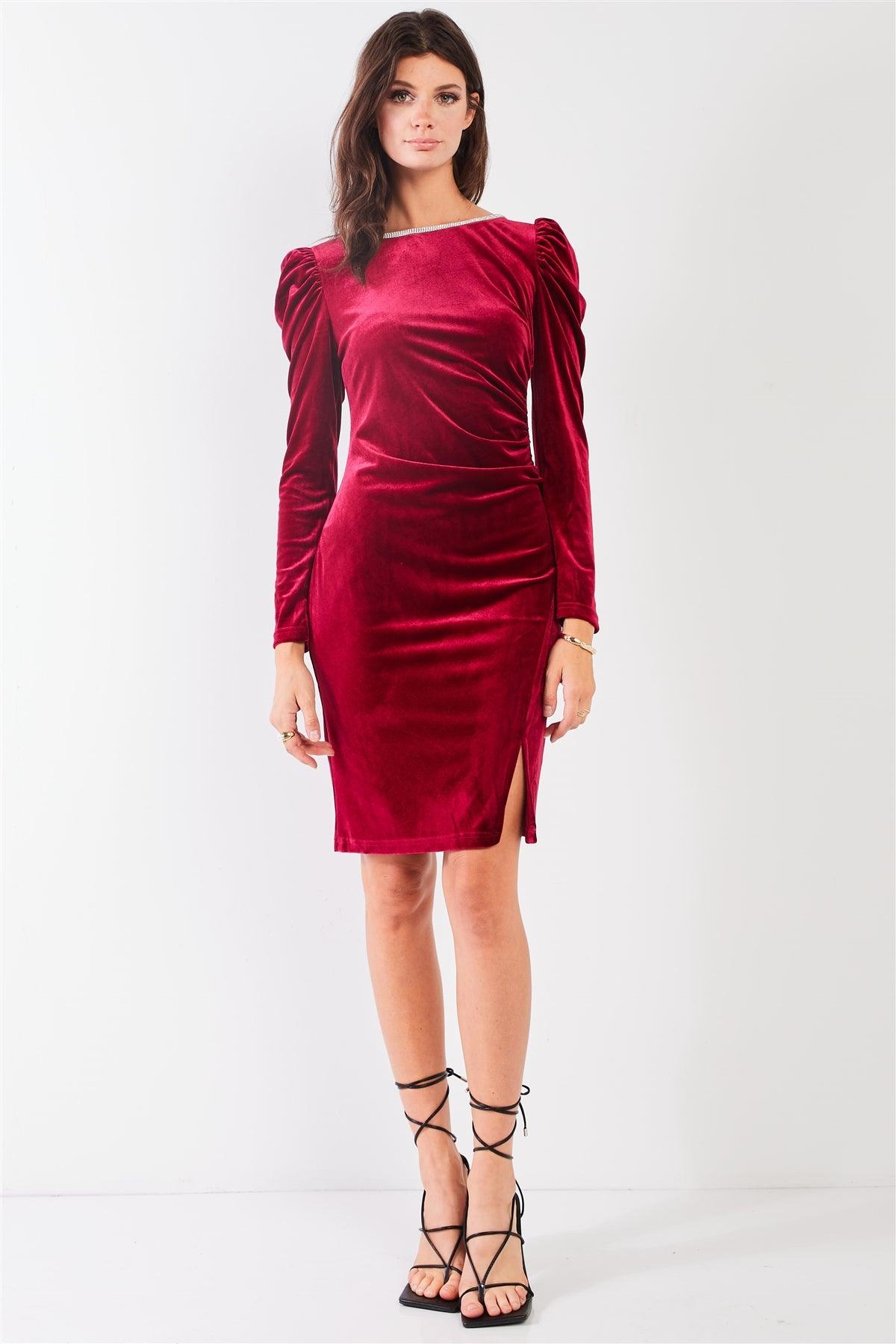 Burgundy Red Velvet Rhinestone Neckline Trim Juliet Long Sleeve Knee Length Slit Dress /2-2-2