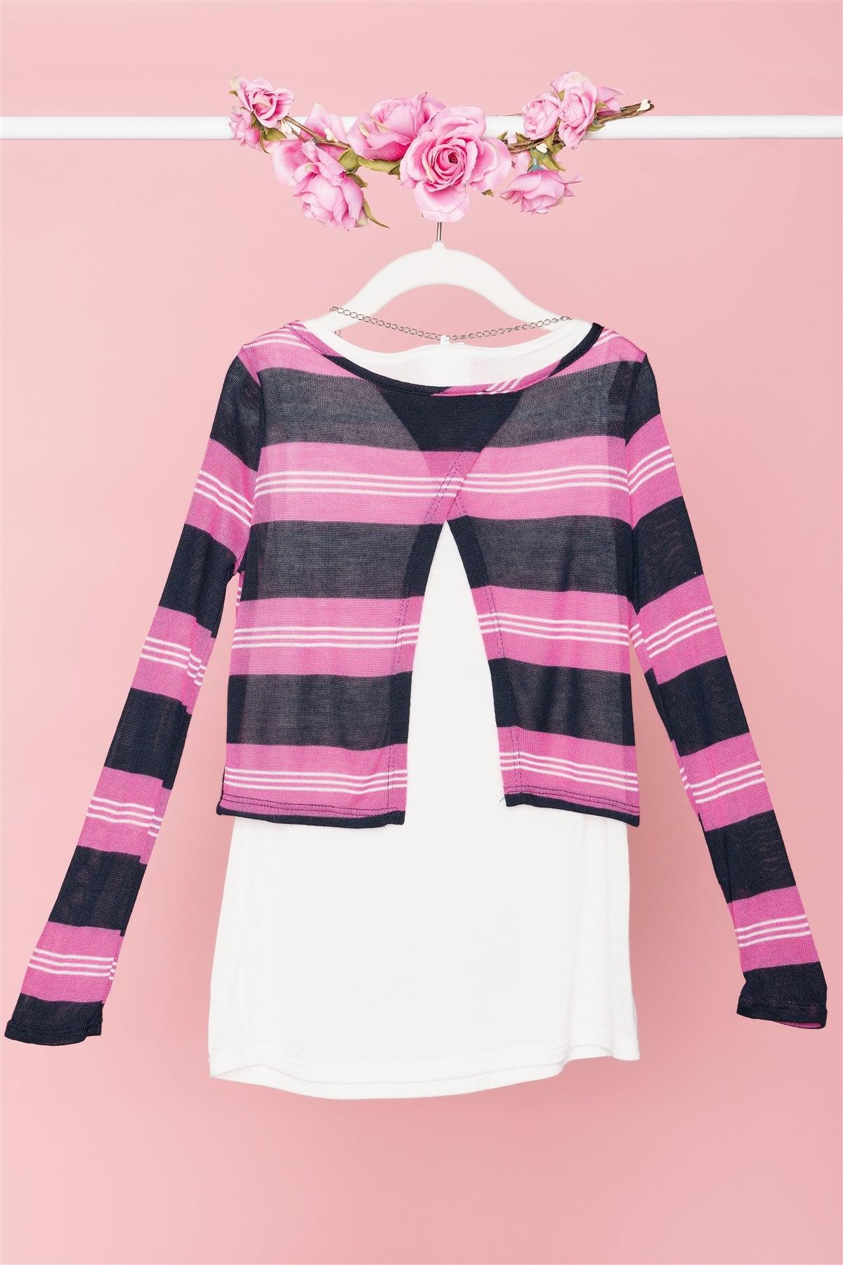 Pink Navy Striped Print Long Sleeve Top /2-2-1