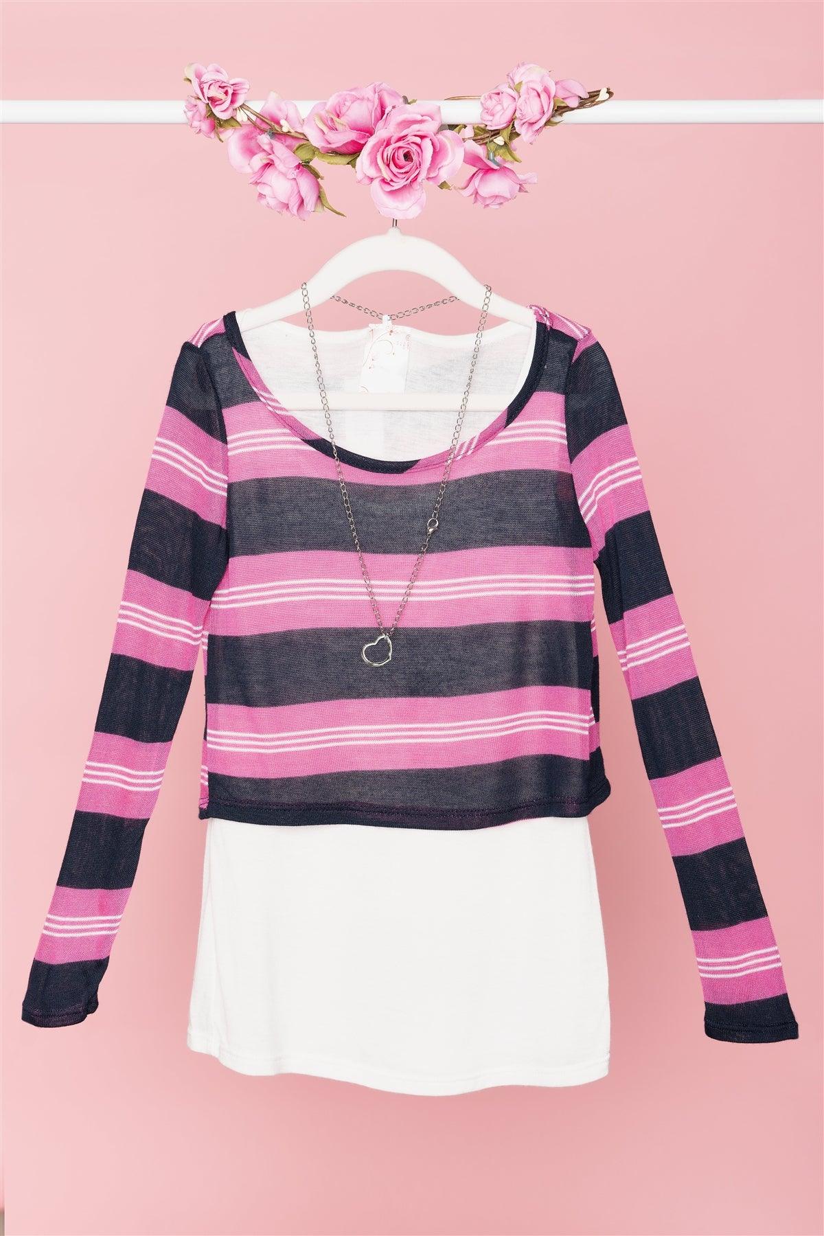 Pink Navy Striped Print Long Sleeve Top /1-2-2-1