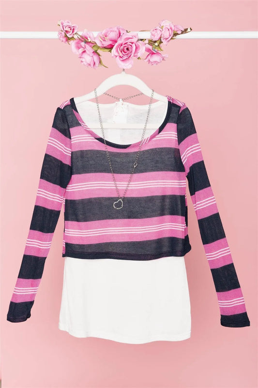 Pink Navy Striped Print Long Sleeve Top /1-2-2-1 - Tasha Apparel Wholesale