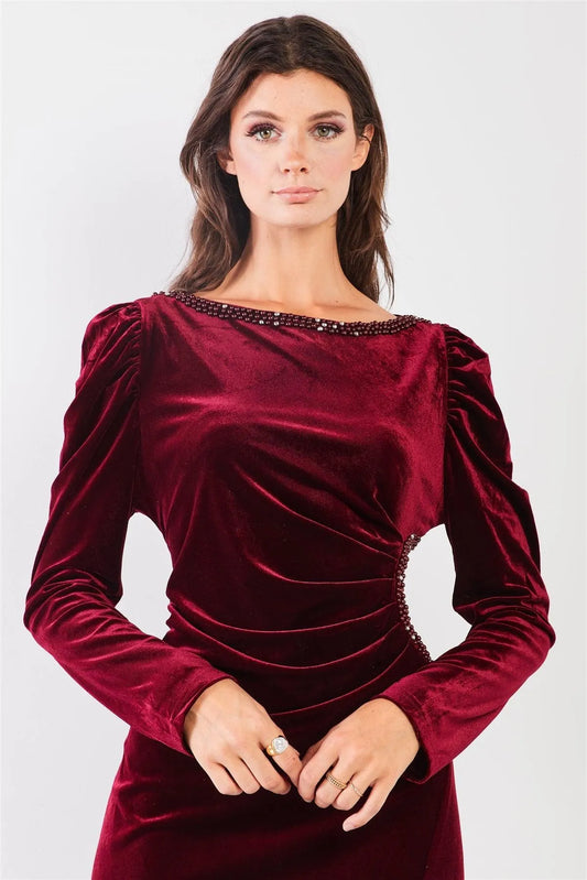 Burgundy Velvet Beaded Neckline Trim Juliet Long Sleeve Side Slit Midi Dress /1-1-1 - Tasha Apparel Wholesale