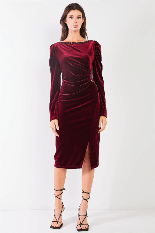 Burgundy Velvet Beaded Neckline Trim Juliet Long Sleeve Side Slit Midi Dress /2-2-2 - Tasha Apparel Wholesale