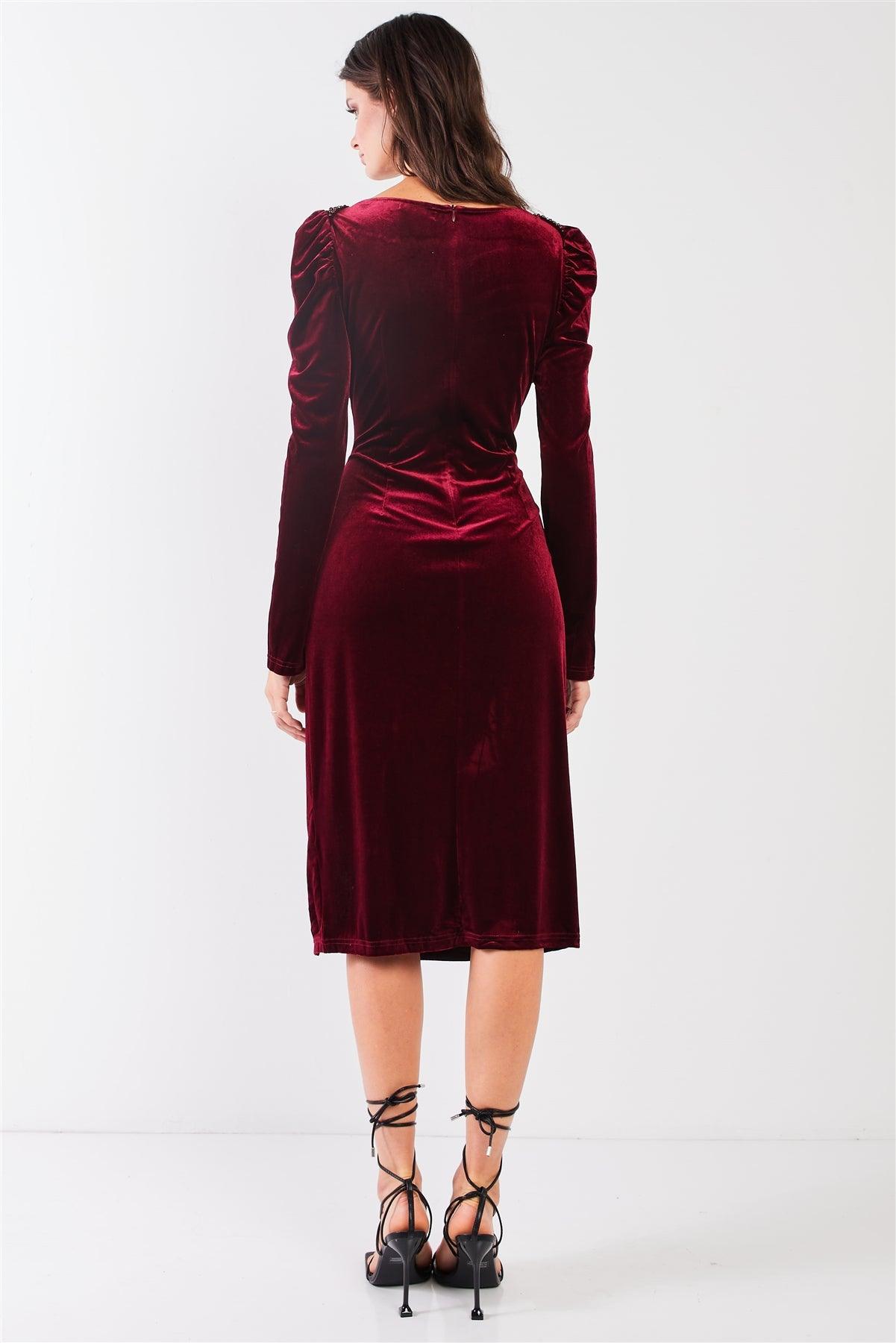 Burgundy Velvet Beaded Neckline Trim Juliet Long Sleeve Side Slit Midi Dress /2-2-2