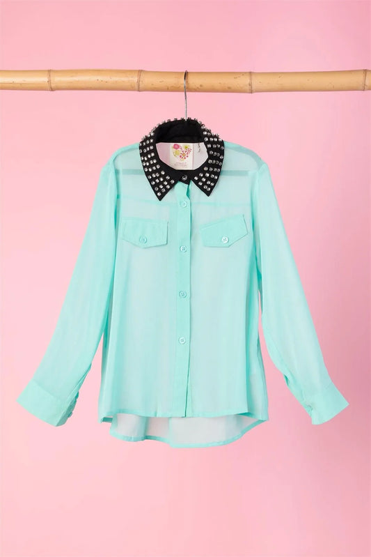 Girls Mint Sheer Rhinestone Collar Top / 1-2-2-1 - Tasha Apparel Wholesale