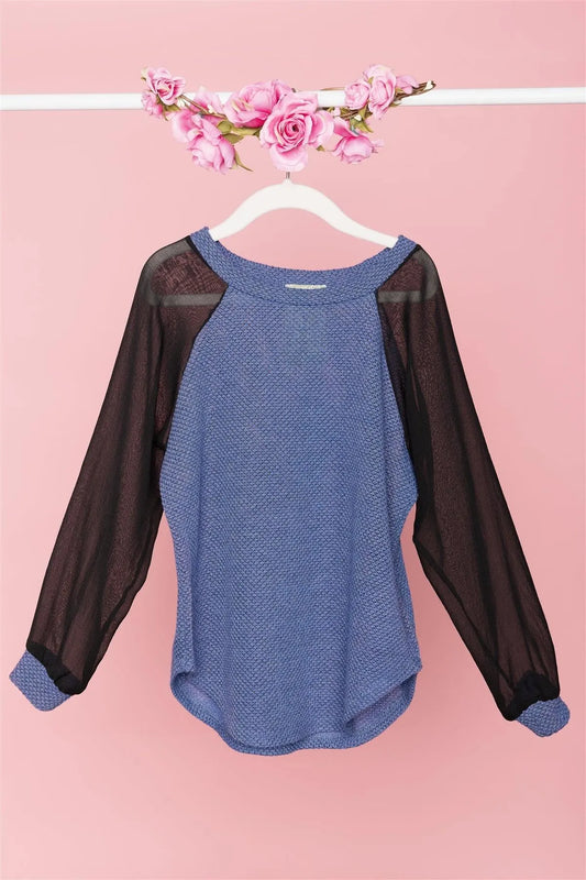Girls Blue Black Sheer Long Sleeve Top /1-2-4 - Tasha Apparel Wholesale