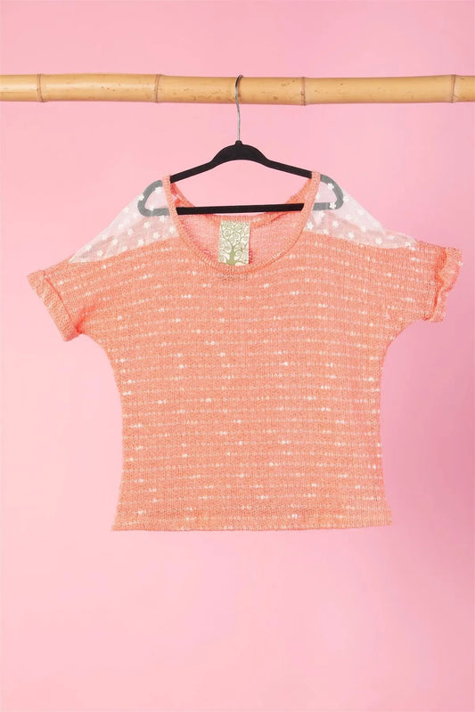 Girls Coral Knit Short Sleeve Top WIth Mesh Shoulder / 1-2-2-1 - Tasha Apparel Wholesale