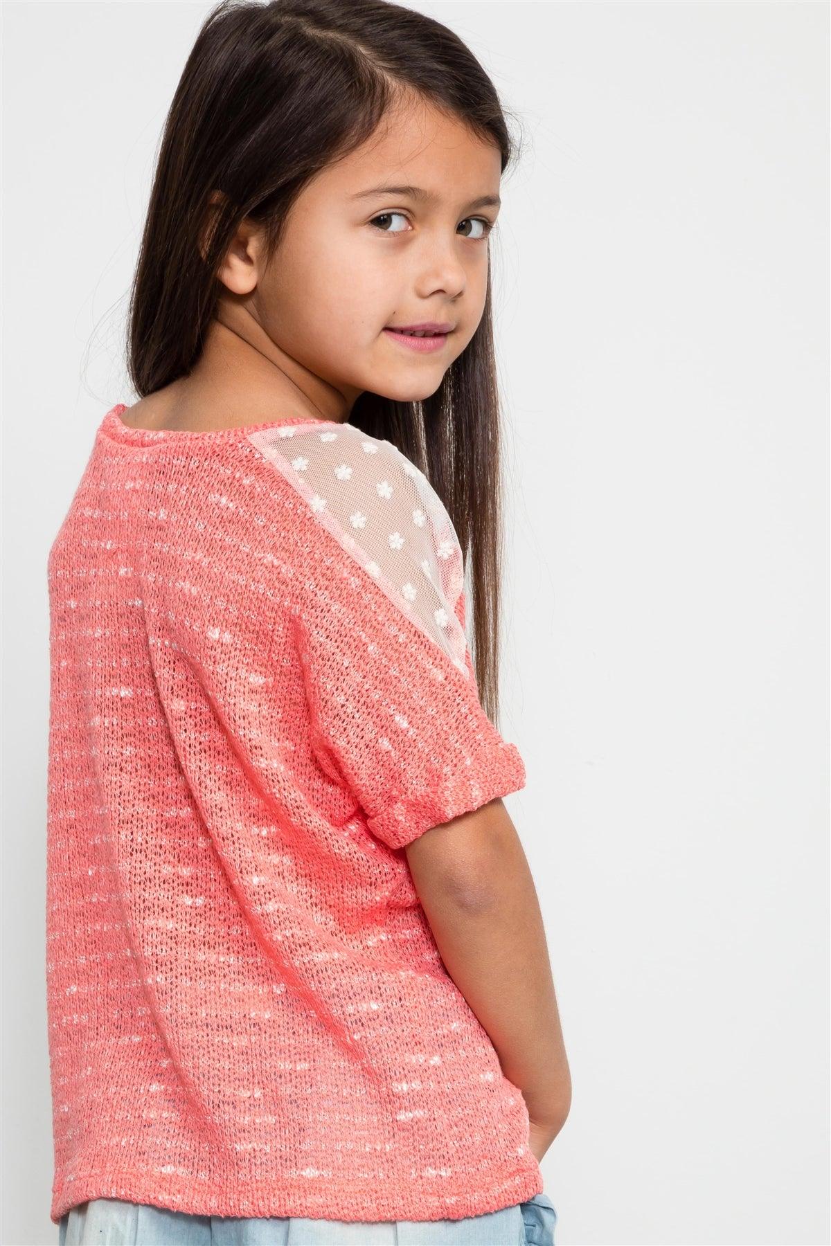 Girls Coral Knit Short Sleeve Top WIth Mesh Shoulder / 1-2-2-1