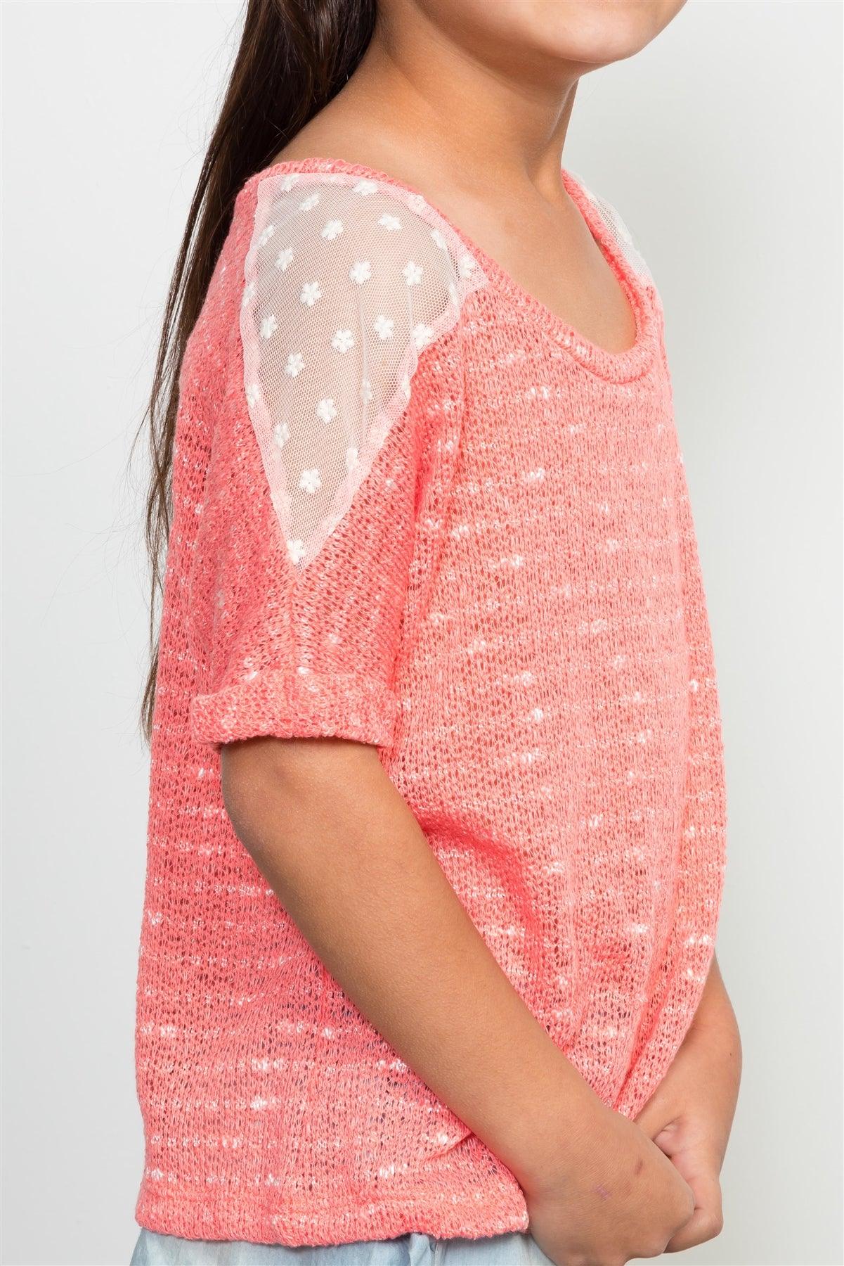 Girls Coral Knit Short Sleeve Top WIth Mesh Shoulder / 1-2-2-1