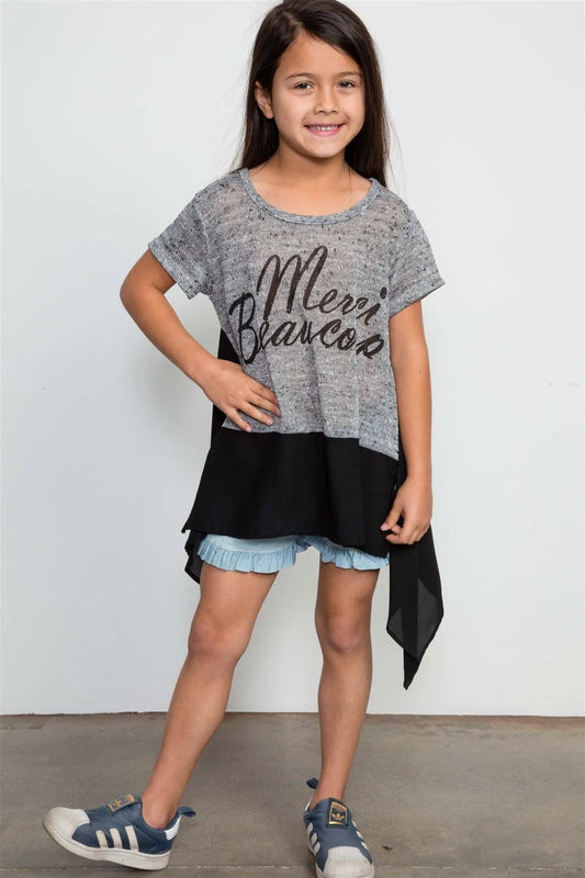 Girls Charcoal ColorBlock Graphic Front Top / 1-2-2-1 - Tasha Apparel Wholesale