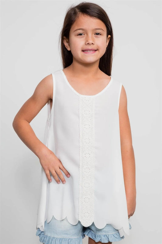 Girls Ivory Scallop Trim Top / 2-2-2 - Tasha Apparel Wholesale