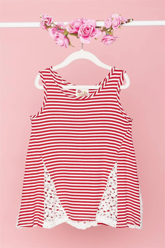 Girls Red White Stripped Sleeveless Lace Detail Top /1-2-2-1 - Tasha Apparel Wholesale