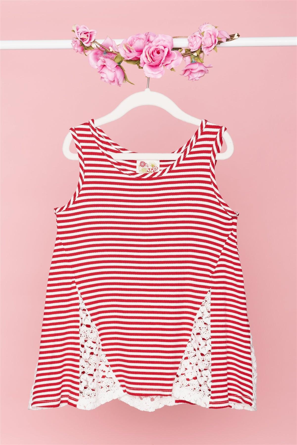 Girls Red White Stripped Sleeveless Lace Detail Top /2-2-2-1