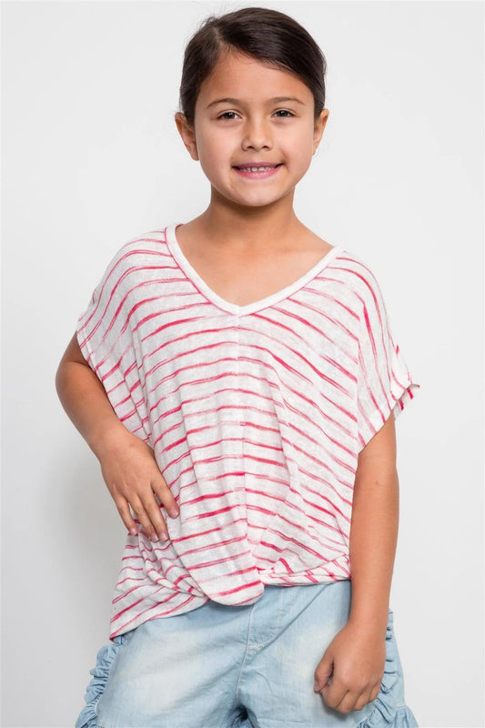 Girls Red Stripe Print Front Knotted Top / 1-2-2-1 - Tasha Apparel Wholesale