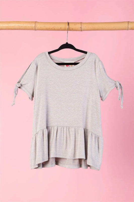 Girls Heather Grey Tie Sleeve Ruffle Hem Top / 1-2-2-1 - Tasha Apparel Wholesale