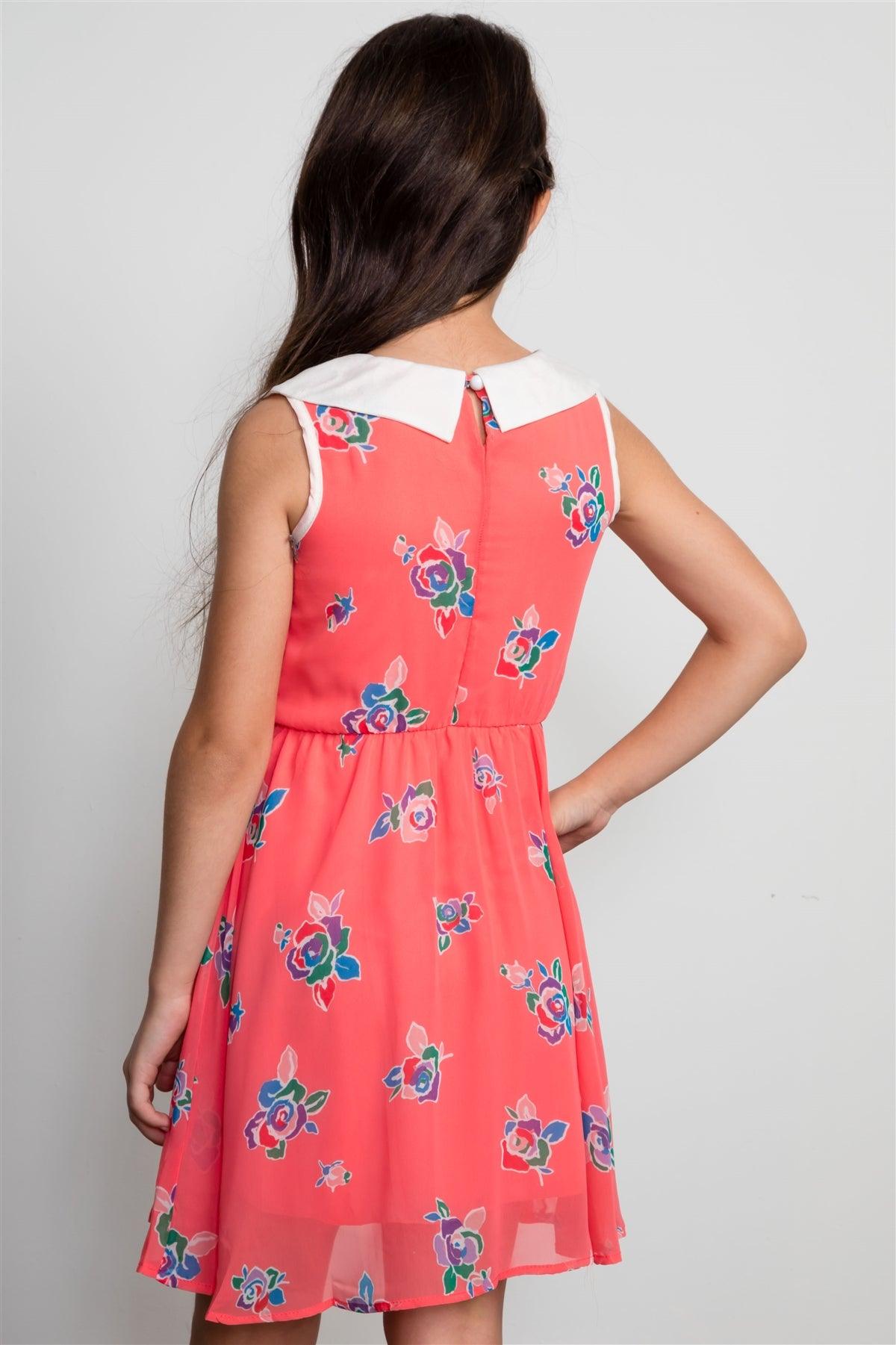 Girls Coral Floral Print Dress / 1-2-2-1