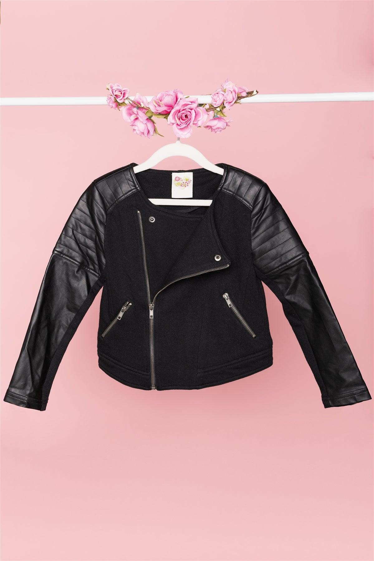 Girls Black Faux Leather Moto Jacket / 1-3-1
