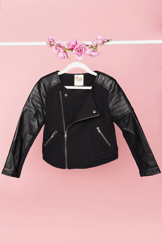 Girls Black Faux Leather Moto Jacket / 1-3-1 - Tasha Apparel Wholesale