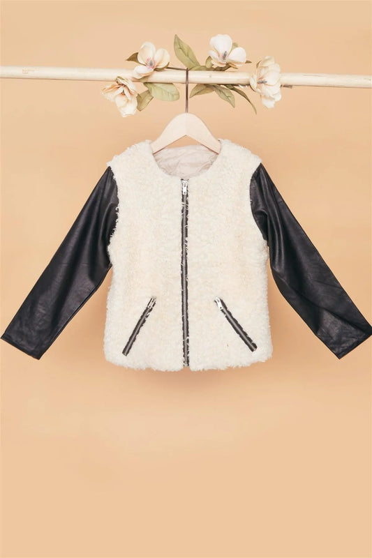 Girls Ivory Black Faux Shearling Contrast Sleeves Jacket /1-1-3-2 - Tasha Apparel Wholesale