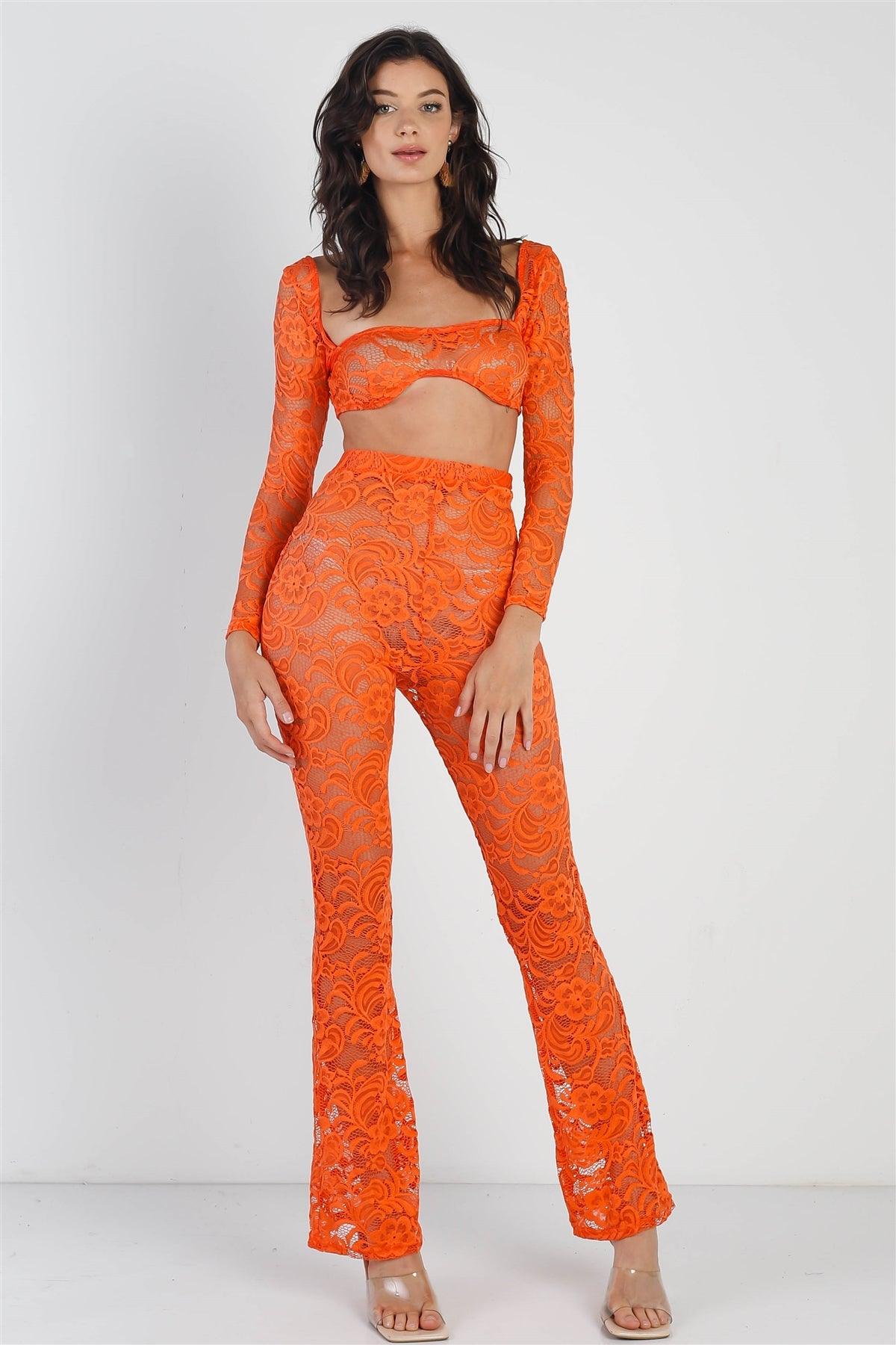 Orange Sheer Floral Lace Crop Square Neck Top & High Waist Flare Pant Set  /3-2-1