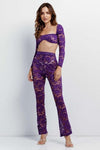 Purple Sheer Floral Lace Crop Square Neck Top & High Waist Flare Pant Set  /3-1-1