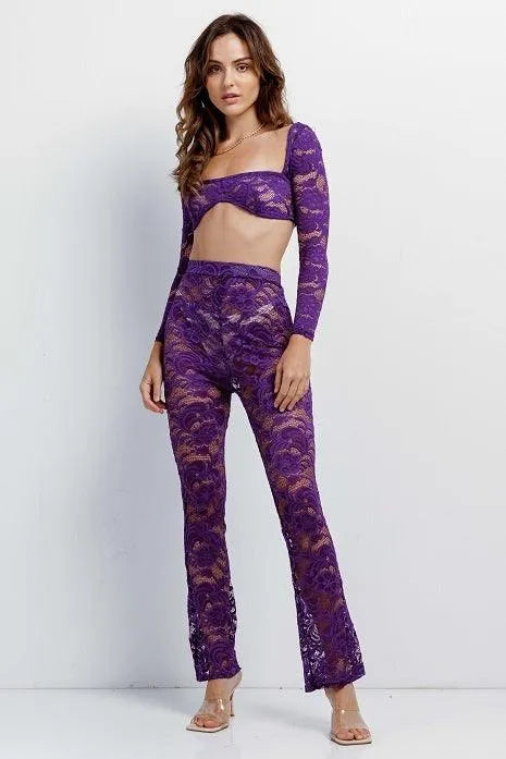 Purple Sheer Floral Lace Crop Square Neck Top & High Waist Flare Pant Set /3-1-1 - Tasha Apparel Wholesale