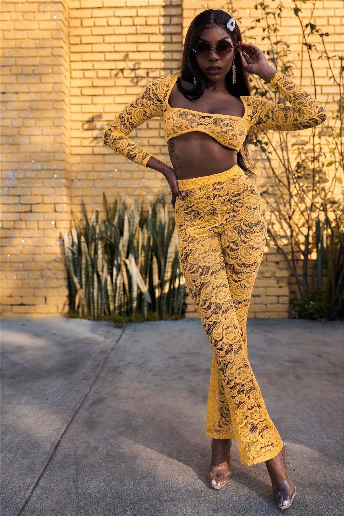 Yellow Sheer Floral Lace Crop Square Neck Top & High Waist Flare Pant Set /3-2-1